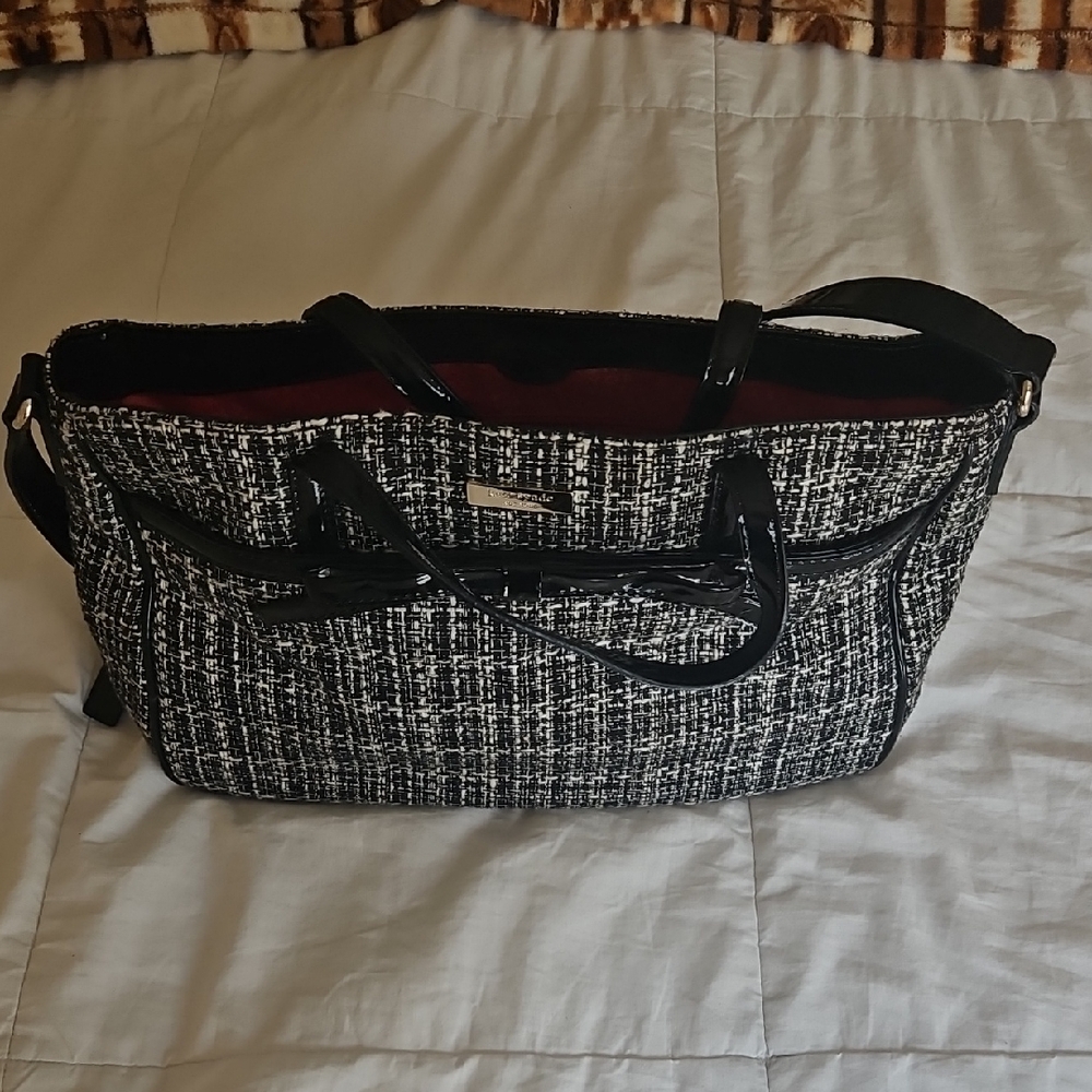 Kate Spade Like New Black & White Tweed Tote Bag with Patent Trim